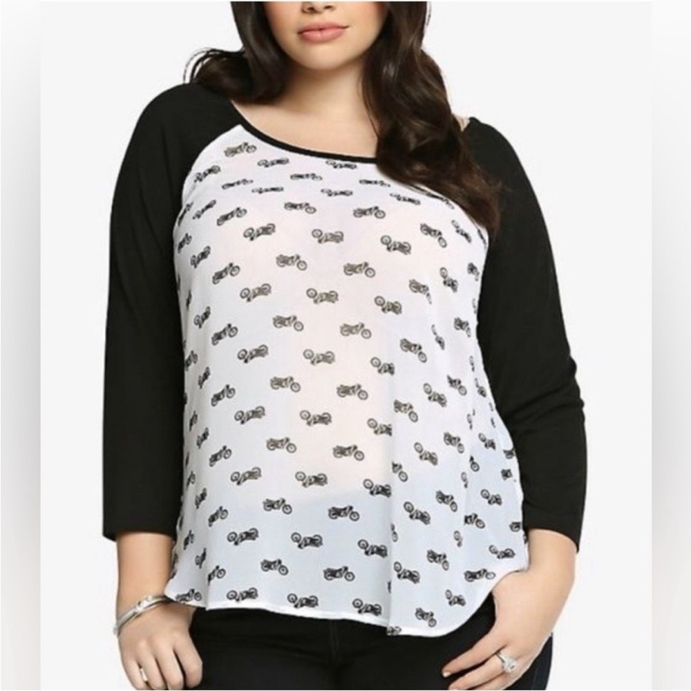 New! Torrid sz 2 Motorcycle‎ Print Chiffon Raglan See Through Shirt 2X